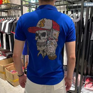 Polo da uomo Teschio Street Style T-shirt a maniche corte con risvolto in cotone Strass Design lussuoso T-shirt blu Abbigliamento moda estivo S-3XL