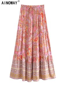 Skirts Vintage Chic Women Hippie Floral Print Beach Bohemian Skirt High Waist Rayon Cotton Maxi A-Line Boho Skirts Femme 230414