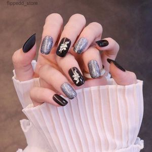 False Nails Black Glitter False Nail French Midi Press On Nails Elegant Fingernails Sticker Finished Nail Piece with Jelly Gel/Glue MH88 Q231114