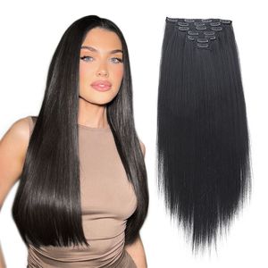 Grampo em extensões de cabelo longo sintético clipe na extensão do cabelo 7 pçs/set peça sintético ombre loira marrom grosso postiços