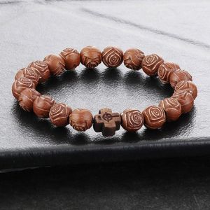 Strand Men Religious Prayer Jewelry Natural Elastic Bangle Wood Rosary Beads Bracelets Wristband Cross Gift Heren MN48