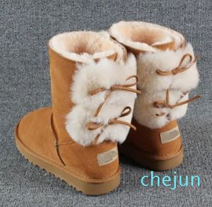 Winter cowhide ladies women's classic medium tube snow boots bow wool cotton shoes