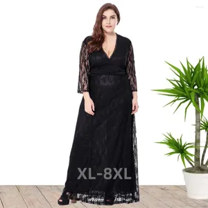 Kleider in Übergröße, Damen-Abendkleid mit V-Ausschnitt, lang, schwarz, aushöhlen, 3/4-Ärmel, Spitze, 4XL, 5XL, 6XL, 7XL, 8XL