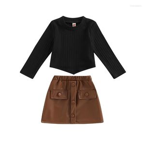 Set di abbigliamento Bmnmsl Gonna per bambini Tuta da ragazza Manica lunga Girocollo Top in tinta unita allentato Abito casual in pelle da festa autunnale