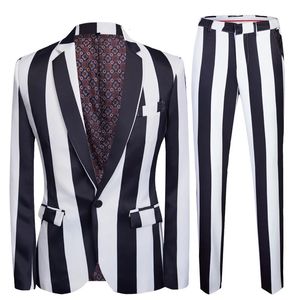 Erkekler Suits Blazers Moda Erkek İşleri Siyah ve Beyaz Zebra Stripes Resmi Takım Kıyafet / Erkek İnce Sahne Partisi 2 PCS Blazers ceket pantolonları 231114