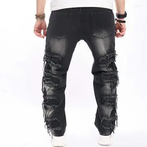 Jeans masculinos homens preto empilhados magro ajuste rasgado destruído calças jeans retas harajuku hip hop calças streetwear