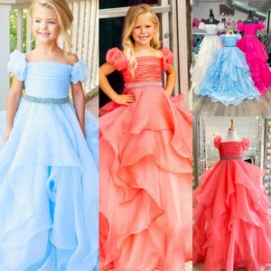 Long Ruffle Little Girl Pageant Dress Cap Sleeves Off-Shoulder Beads Coral Baby Kid Fun Fashion Runway Drama Birthday Formal Cocktail Party Gown Toddler Teen Preteen