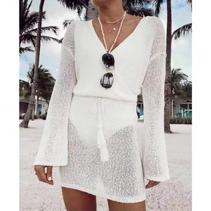 Women Swimwear Sexy Bikini Cover-Ups Beach Biała szydełkowa tunikka Knitte letnia mini sukienka Długie rękawy Kombinezon pływa