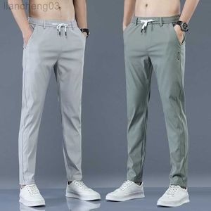 Men's Pants Chino Casual Pants Men Korean Thin Slim Classic Summer Pants Elastic Waist Fashion Khaki Black Stretch Lightweight Trousers Male W0414