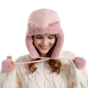 Trapper Hüte Damen Warme Ohrenschützer Beanie Ohrenklappen Hut Weiblich Winter Plüschfell Motorhaube Hut Katzenohren Kappe Russische Bombermütze für Frauen 231113