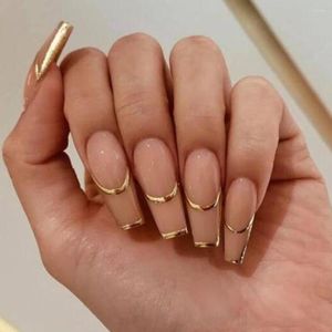 False Nails Gold Foil Stripes Crystal Fake Press On Nail Designs Art Long Tips Forms With Glue Stick Stickers Reusable Set
