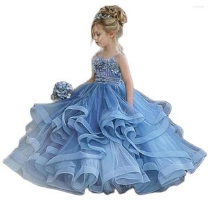 Vestidos de menina Flor azul para túnica de casamento de soire Mariage crianças vestidos de concurso Tulle Ruffled First Communion Dress