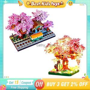 Electric/RC Car Pot Plants Blocks Bricks City Mini Sakura Tree House With Lights Cherry Blossom House Model Building Blocks Toys For Kids Giftl231114