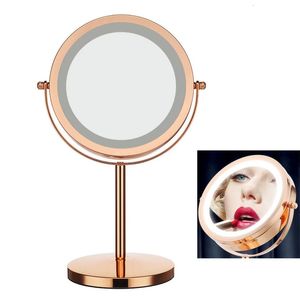 Компактные зеркала Розовое золото Светодиодное зеркало для макияжа 2 лица 5-кратное увеличение с сенсорным экраном Подсветка Зеркало для ванной комнаты Косметический туалетный столик Вращающееся зеркало на 360 градусов 231113