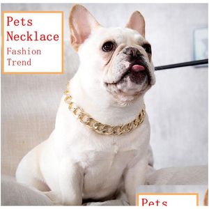 その他の犬用品ファッション豪華な犬の襟装飾的なペットアクセサリーデザイナーゴールドネックレス調整可能キューバチェーンフレンチビルドッグSMA DHOI8