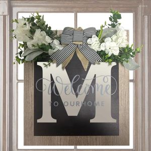 Decorative Flowers Last Name Door Wreath 26 Letter Front Decor Round Wood Wreaths For Farmhouse Home Porch All Seasons Outside