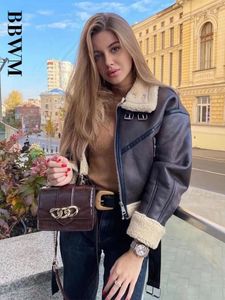 Women's Leather Faux Leather Woman's Fashion Thick Warm Faux Shearling Jacket Coat Vintage Long Sleeve Belt Hem Female Outerwear Chic Tops 231114