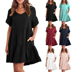 Casual Dresses Women's Summer V Neck Doll Dell Dress Pleated Short Sleeve Tunic Shirt Long Skater för kvinnor