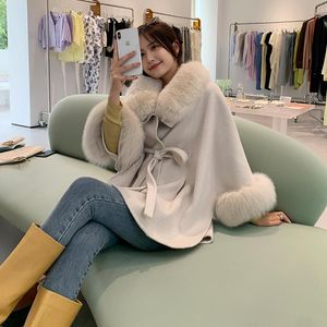 Damen Wollmischungen Luxus Korean Design Echt Kaschmir Mischmantel Damen Wollmäntel mit Pelzkragenbesatz