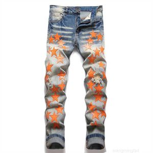Grii erkek amirler için turuncu yıldızlar için düzenli uyum mektubu nakış fermuar sinek siyah orta kurşun kalem pantolon tasarımcı kot pantolon slim yırtık