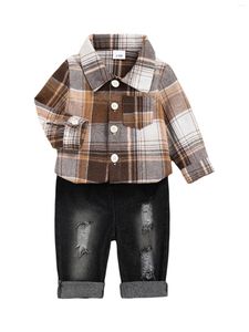 Kläder sätter barn småbarn baby pojke kläder set pläd lapel knapp ner långärmad skjorta topp rippad denim byxor casual 2 st -outfit