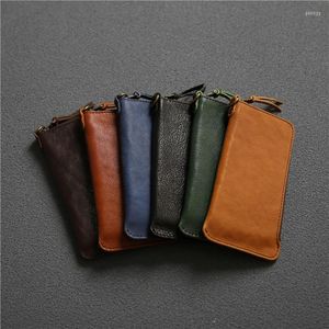 Carteiras carteira de couro genuíno para homens mulheres de melhor grão de grão vintage handmade com zíper longo embreagem masculina saco de celular de bolsa masculino