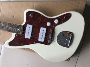 Custom Shop Jaguar weiße E-Gitarre P90 Tonabnehmer, rotes Schildkrötenpanzer-Schlagbrett, Palisander-Griffbrett, Punkteinlage, Tremolo-Brücke, Vintage-Tuner