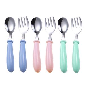 Cups Dishes Utensils 2PCS Baby Gadgets Tableware Set Children Utensil Stainless Steel Toddler Dinnerware Cutlery Cartoon Infant Feeding Spoon Fork AA230413