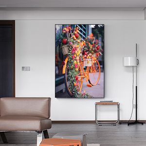 Canvas Painting Abstract Orange Bike Decorated With Flowers Nordic Posters and Prints Wall Art Picture For Home Decoration