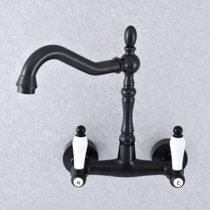 Kitchen Faucets Wet Bar Bathroom Vessel Sink Faucet Black Oil Rubbed Brass Wall Mounted Swivel Spout Mixer Tap Dual Ceramic Lever Msf756