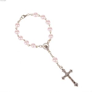 Beaded Imitation Pearl Beads Catholic Rosary Catholic Holy Communion silver color Wings Crucifix Pendants Bracelet nice giftL231114