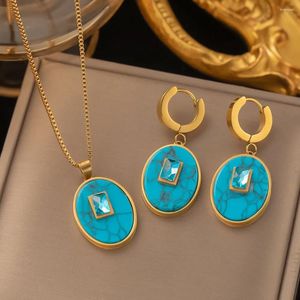 Necklace Earrings Set Blue Crystal Titanium Stainless Steel Jewelry For Women Girls Oval Drop Dangle Chain Hypoallergenic