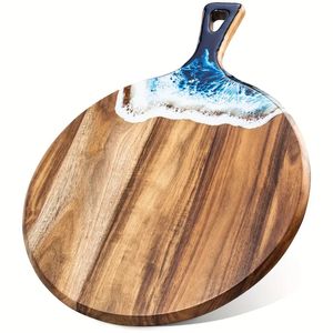 1pc Acacia Wood Round Pizza Paddel, skärbräda med handtag, träbetjäningskort för kök, ostkarcuterie -kort för kött, bröd, pizza, grönsaker frukt