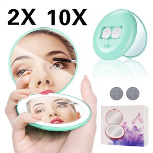 Compact Mirrors Mini Makeup Mirror With LED Lights Compact Portable Foldable Small Round 2/10X Grossissant Vanity Mirrors Femme Make Up Tools 231113