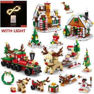 Zabawki pojazdu Ulepszone bloki budulcowe serii świątecznej z ciepłym światłem kreatywnym łosie pociągiem DOM DIY BRICKS Model Toys for Kids Xmas Giftsl231114