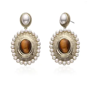 Dangle Earrings Tiger Eye Stone Pearl Copper Plated Coffee Golderファッションヨーロッパとアメリカンニッチの気質耳服女性