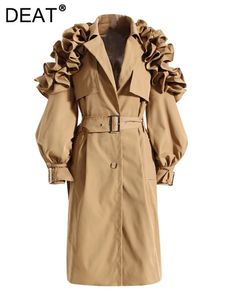 Women's Trench Coats DEAT Fashion Women's Trench Coat Lapel Single Breasted Shoulder Ruffle Long Sleeve Belt Windbreaker Autumn 17A2946 231113