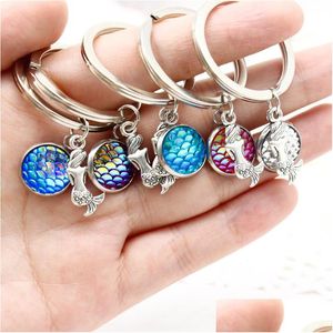 Keychains Lanyards Different Color Ocean Sea Mermaid Fish Scale Cabochon Charm Key Rings Fashion Jewelry Gift For Girls An Dhgarden Dhhrn