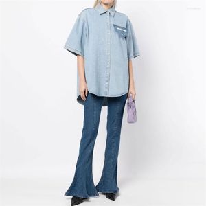 Blouses feminina Moda Blusa 2023 Primavera Verão em Lavagem Vintage Camisa Pure Cotton Denim Feminino Top de manga curta de alta qualidade