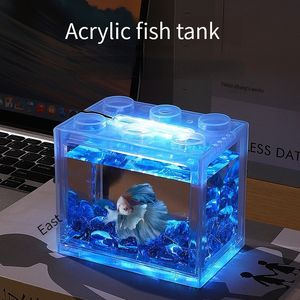 Aquariums Mini Betta Fish Tank Creative Building Block Cylinder Landscape Lamp LED Light Home Table Decoration accesorios para pecera 230414