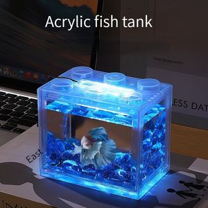 Aquarien Mini Betta Aquarium Kreativer Baustein Zylinder Landschaft Lampe LED Licht Home Tischdekoration accesorios para pecera 230414