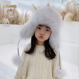 BeanieSkull Caps Fur Hat Boy Girl Cap Winter Ear Protection Warm Children Leather Bomber Hats Fur Hat Winter Real Raccoon Fluffy Russian Hat 231113