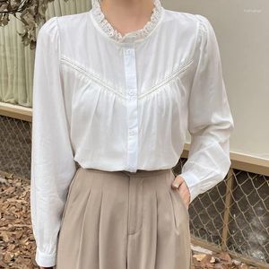 Women's Blouses 2023 Autumn Shirt Stand Collar Long Sleeve Blouse Basic White Wooden Ear Edge Shirts And OL Women Tops