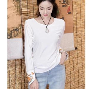Ethnic Clothing High Quality Autumn Chinese Style Velvet Top Women's O-Neck Long Sleeve Embroidered Slim Soft And Comfortable Shirt S-XXL