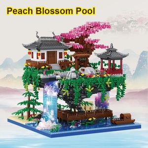 Blöcke 3320 Stücke Pfirsichblüte Pool Luft Baum Haus Gebäude Suzhou Garten DIY Montage Ziegel Spielzeug LED-Licht Mini Diamant für Kind 231114