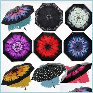 Umbrellas 50Add Antiuv Sun Protection Umbrella Blue Sky 3 Folding Parasols 3D Flowers Blossom Sunny And Rainy Colorf Rain Gear Drop Dh526