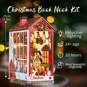Christmas Decorations Book Nook Doll House 3D Puzzle With Sensor Light Dust Cover Music Box Gift Ideas Bookshelf Insert for 231113