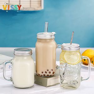 Tumblers 1PC Mason Jar Mugs with Handles Old Fashioned Glass Bottle Juice Drink Clear Water With Cover Straw Drinkware Cup 230413