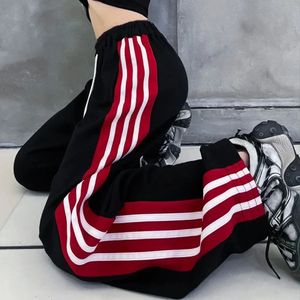 Calças femininas moda preto baggy jogger sweatpants coreano streetwear hip hop y2k listrado perna larga calças retas 231114