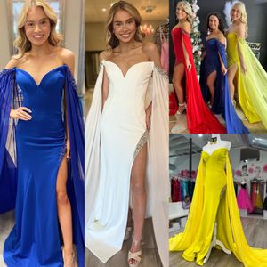 Yellow Prom Dress 2K24 Long Chiffon Cape Crepe Fitted Lady Pageant Winter Formell Evening Cocktail Party Hoco Gala GOWN MOMER MODER OF BRIDE BRIGHT GUEST BLACK-TIE SLIT